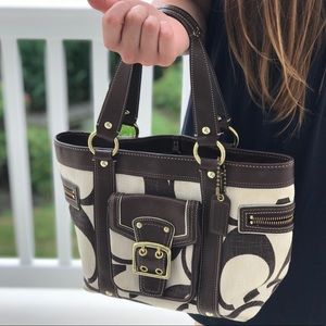 Brown Canvas and Leather Monogrammed Coach Handbag